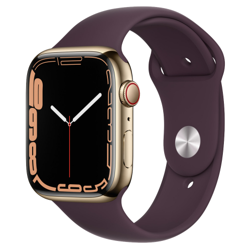 Apple Watch Series 7 GPS + Cellular 45mm Gold Stainless Steel with Dark Cherry Sport Band (MKJF3,MKJX3)