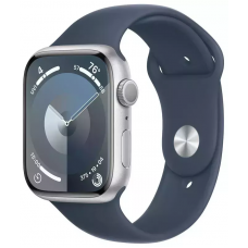 Apple Watch Series 9 45mm Silver Aluminum Case with Storm Blue Sport Band S/M (MR9D3)